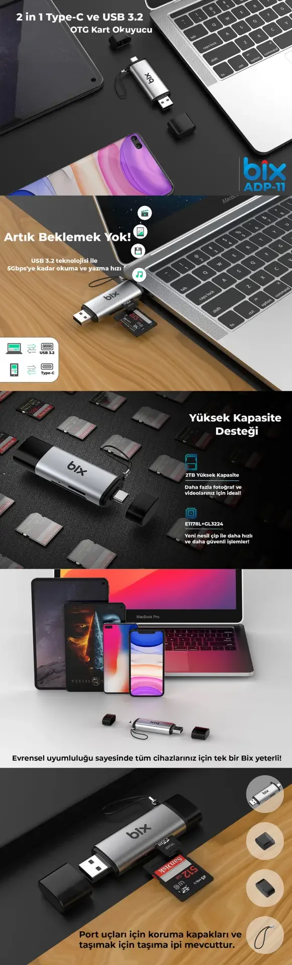 ADP-11 Type-C ve USB 3.2 SD ve Micro SD OTG Hafıza