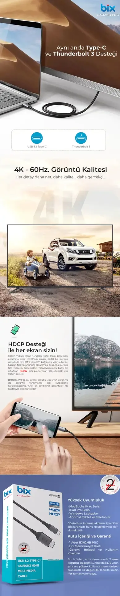 BX02HB PRO 4K 60Hz HDCP Destekli Type-C to HDMI Görüntü