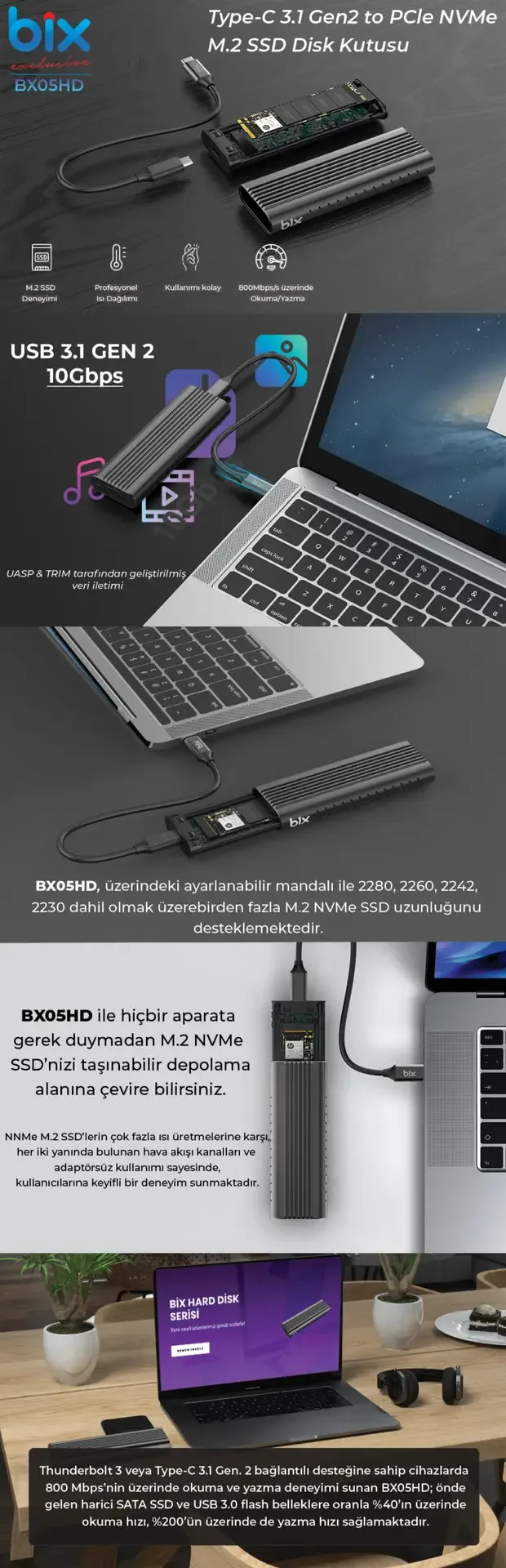 BX05HD USB 3.1 Gen2 10Gbps Yüksek Hızlı Type-C to NVMe