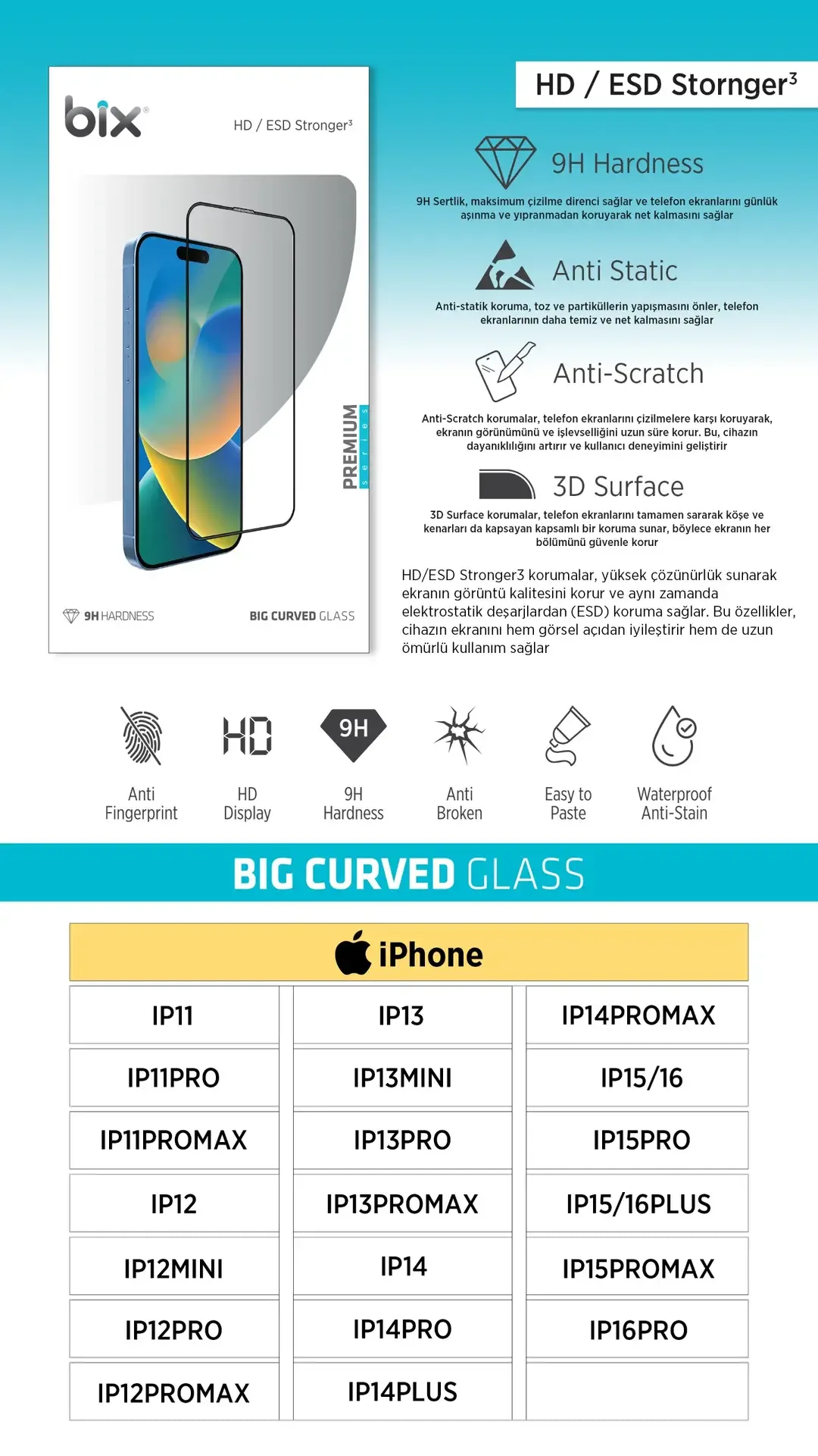 Bix HD/ESD Stronger³ Big Curved Glass 9H Sertlik, 3D