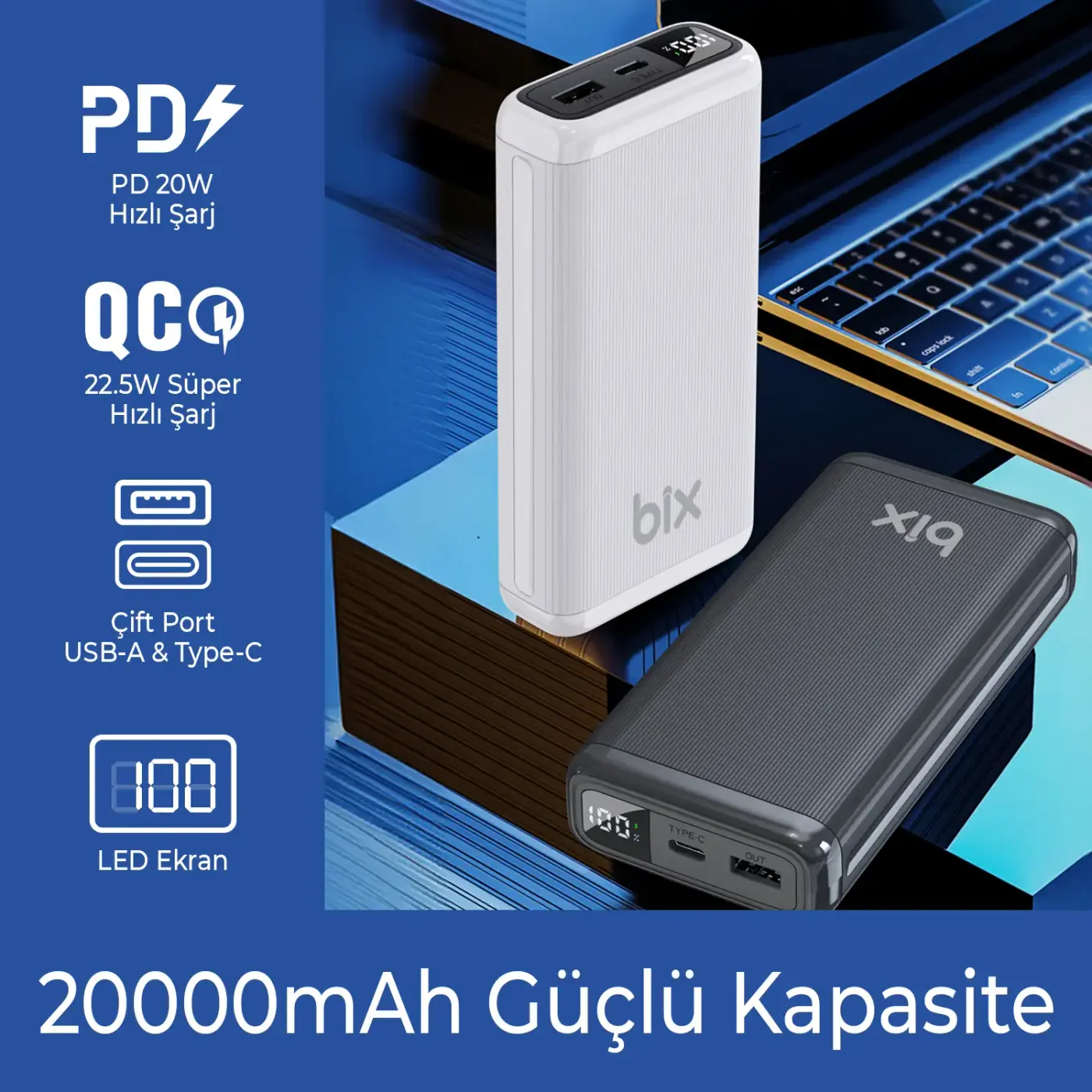 BXPB204 20000mAh USB-A 22.5W ve Type-C PD 20W Çift