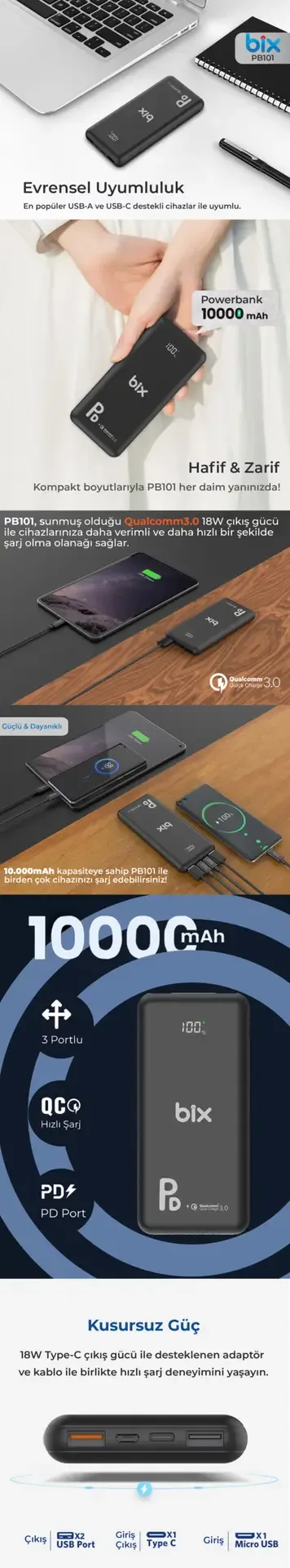 PB101-PD 18W Üç Çıkışlı PD QC 3.0 10000 mAh Powerbank
