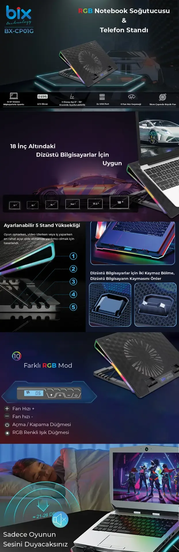 BX-CP01G RGB Aydınlatmalı Gaming Notebook Soğutucu