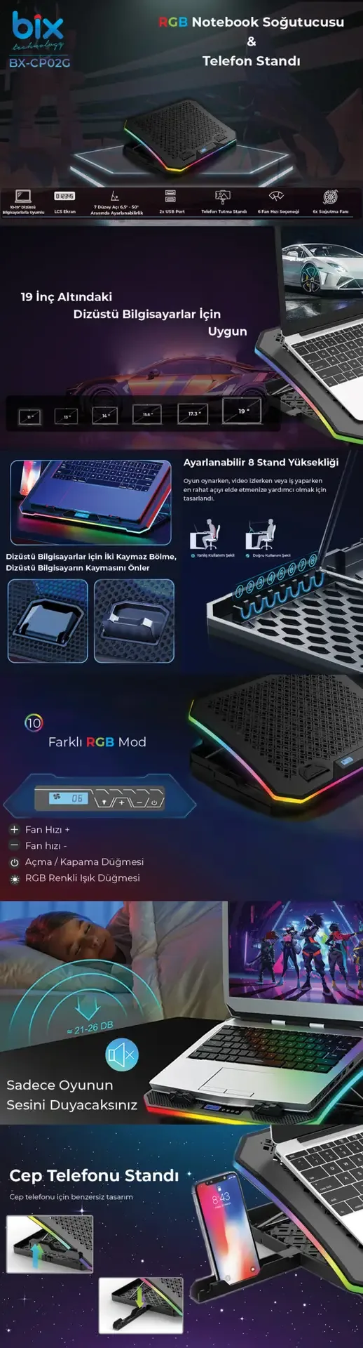 BX-CP02G RGB Aydınlatmalı Gaming Notebook Soğutucu