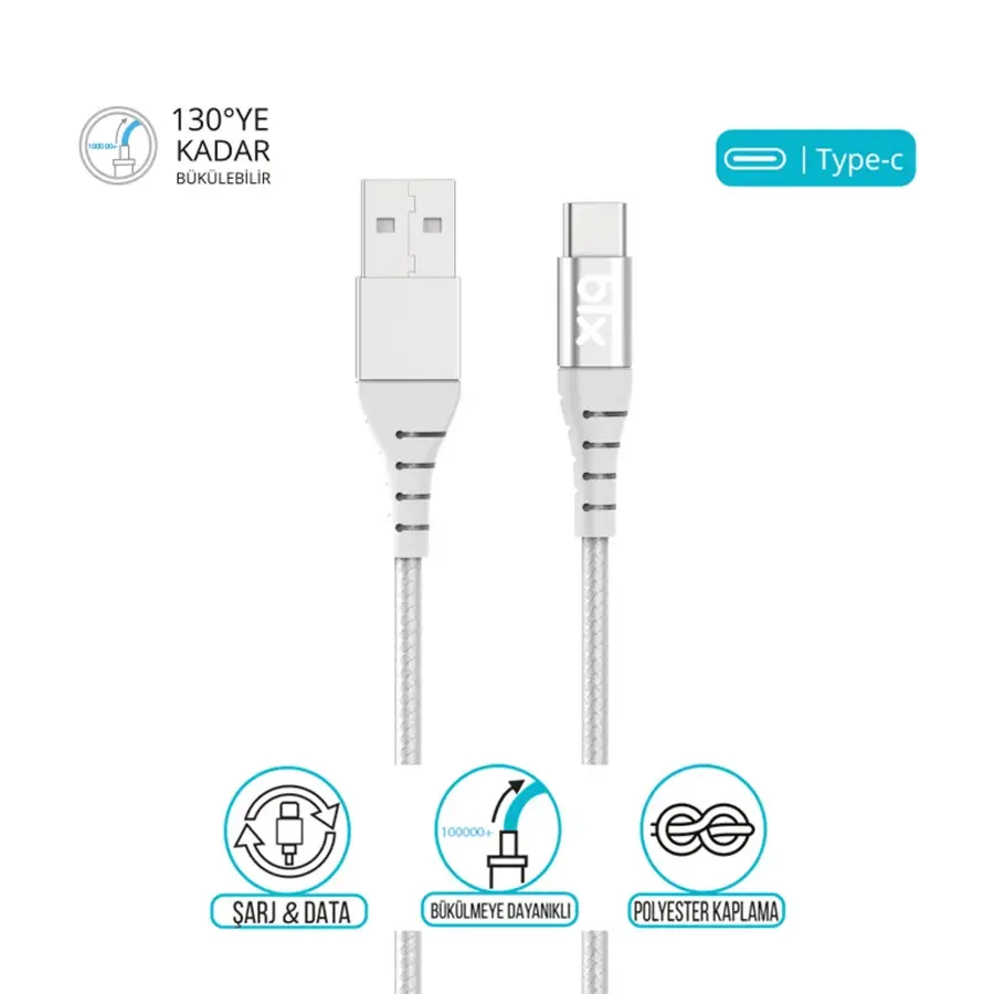 BX-UC01C USB Type-C Güçlendirilmiş Şarj Kablosu Beyaz