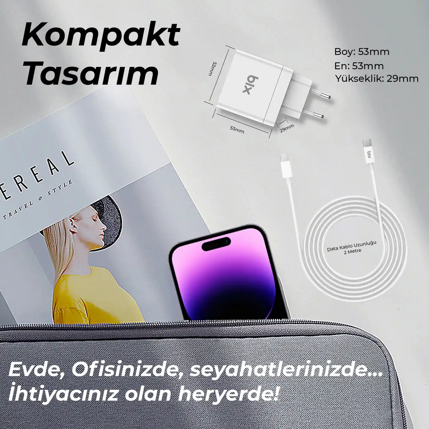 BX-UC65WFTA 65W PD Hızlı Şarj Adaptörü ve E-Mark Çipli