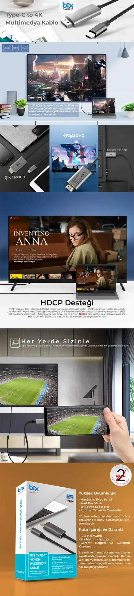 BX02HB USB-C to 4K@30Hz HDMI Kablo 1.8 metre Windows