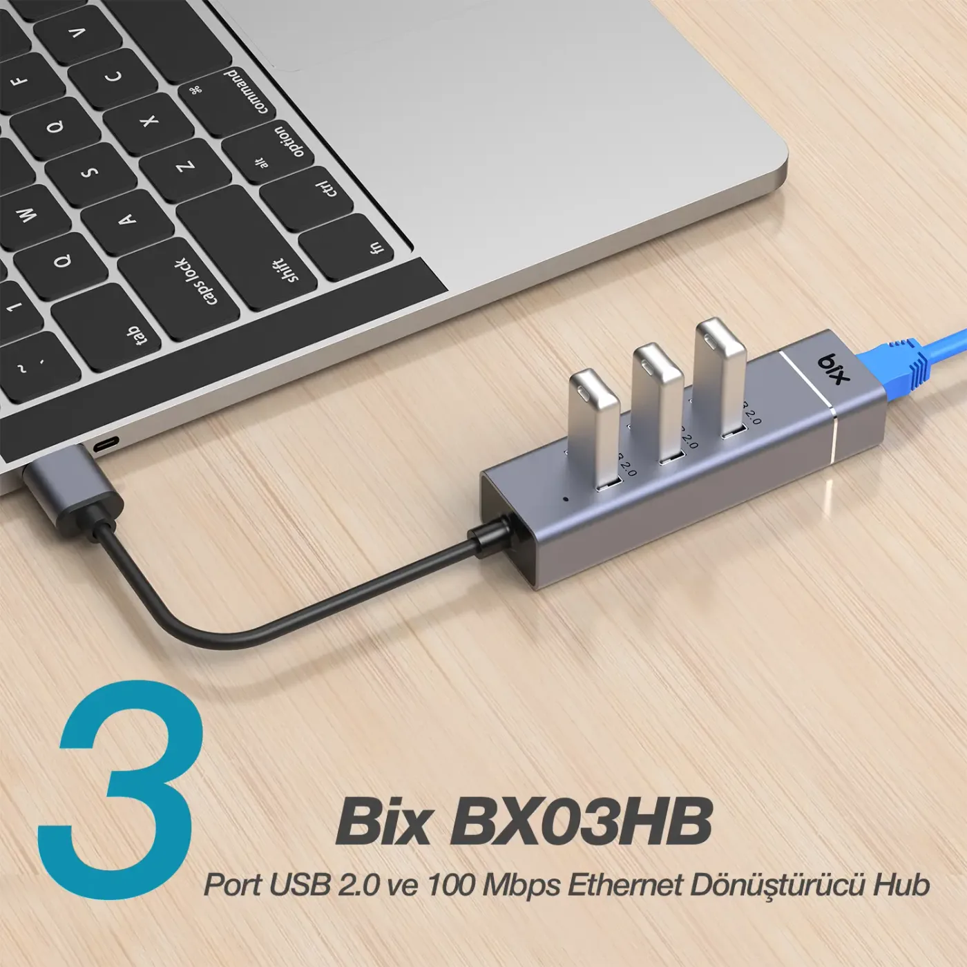BX03HB 3 Port USB 2.0 ve 10/100Mbps RJ45 Ethernet