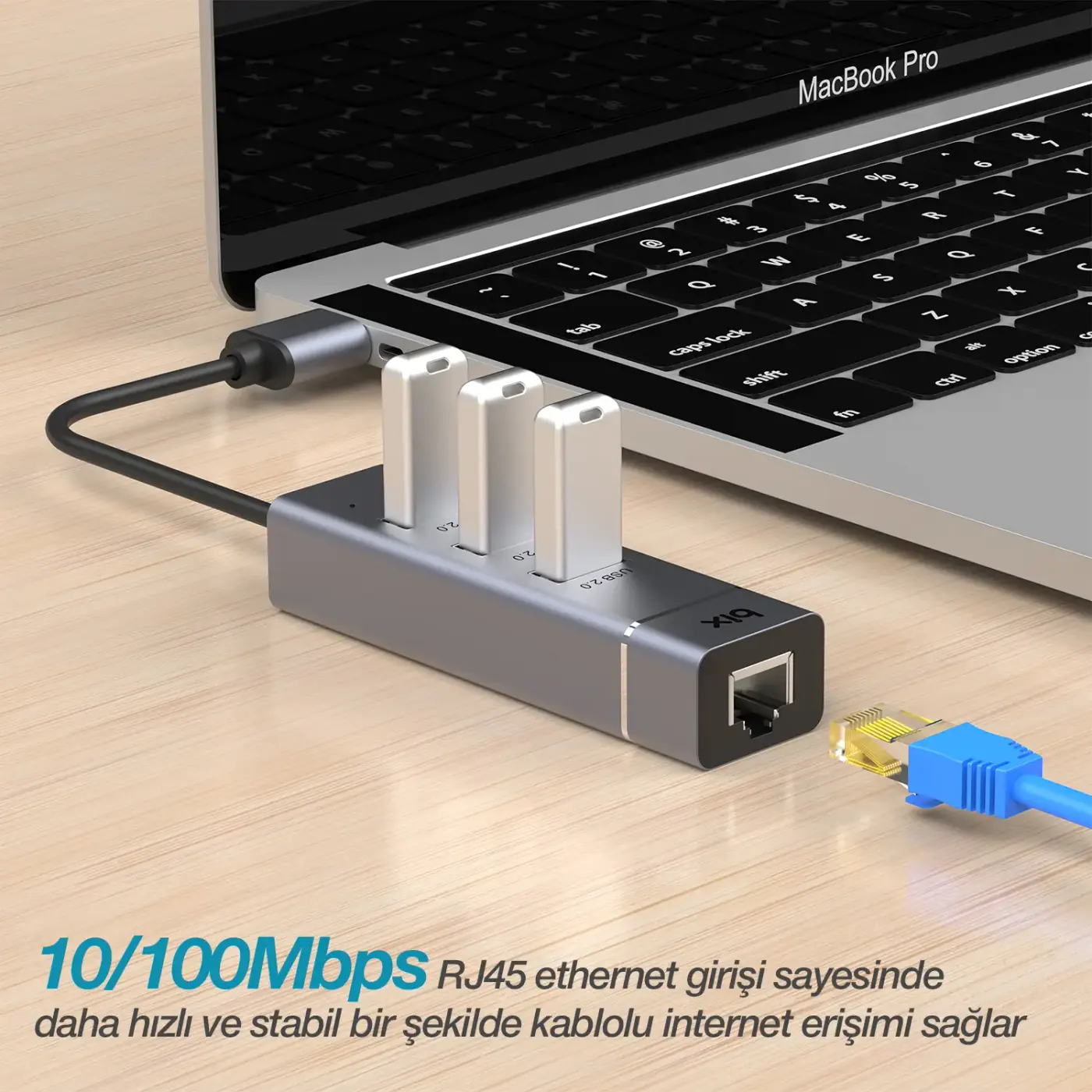 BX03HB 3 Port USB 2.0 ve 10/100Mbps RJ45 Ethernet