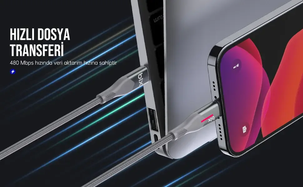 BX04CL Type-C to Lightning iPhone 27W Örgülü LED Işıklı