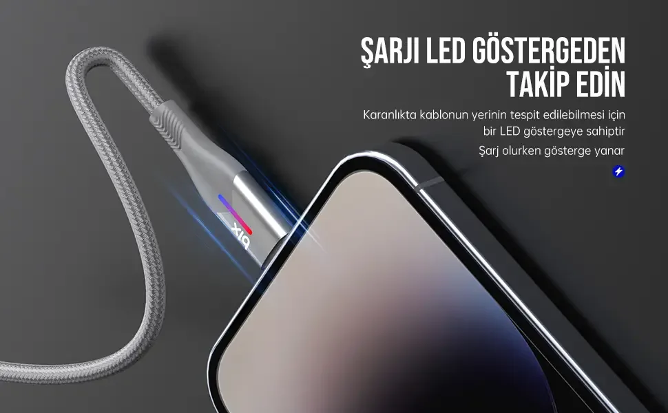 BX04CL Type-C to Lightning iPhone 27W Örgülü LED Işıklı