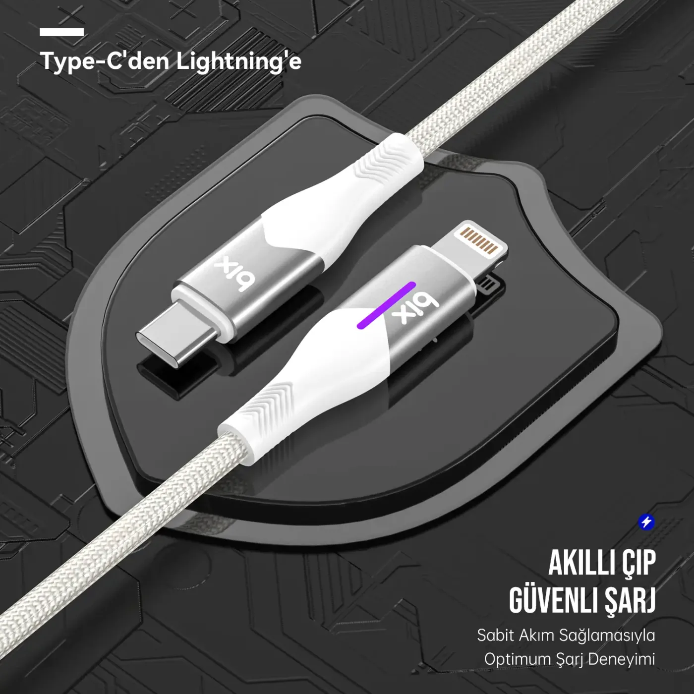 BX04CL Type-C to Lightning iPhone 27W Örgülü LED Işıklı