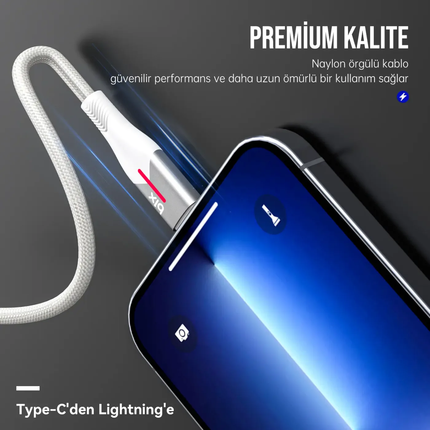 BX04CL Type-C to Lightning iPhone 27W Örgülü LED Işıklı