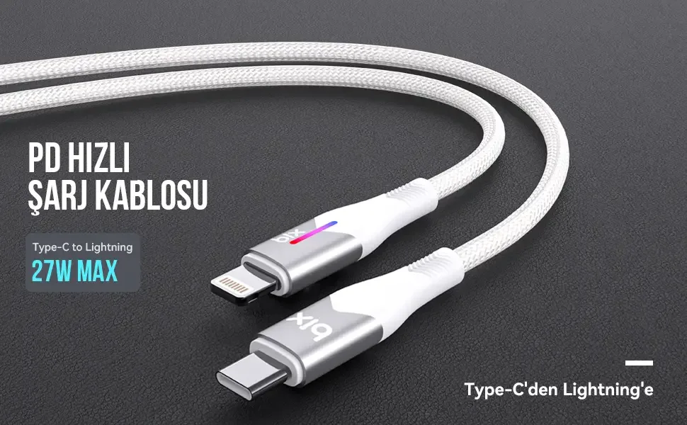 BX04CL Type-C to Lightning iPhone 27W Örgülü LED Işıklı
