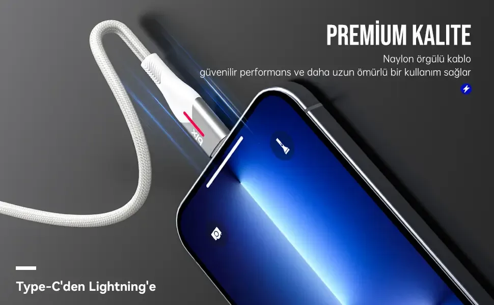 BX04CL Type-C to Lightning iPhone 27W Örgülü LED Işıklı