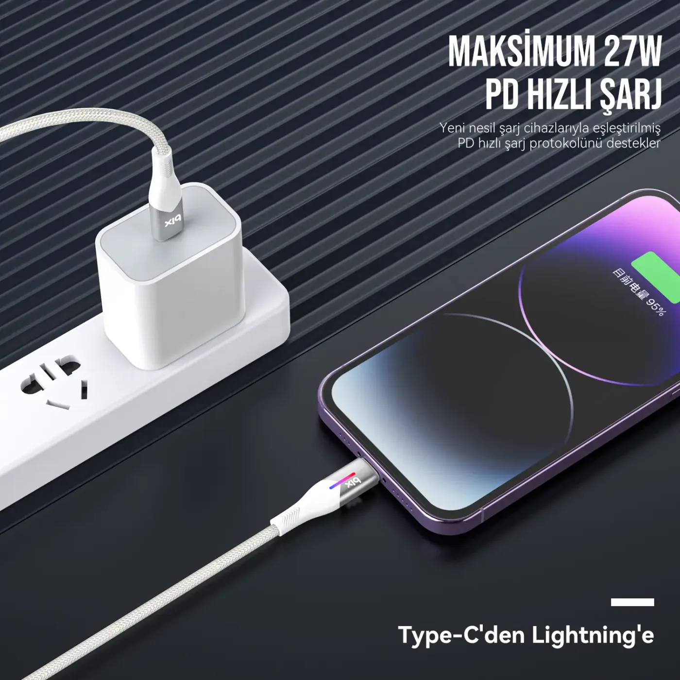 BX04CL Type-C to Lightning iPhone 27W Örgülü LED Işıklı