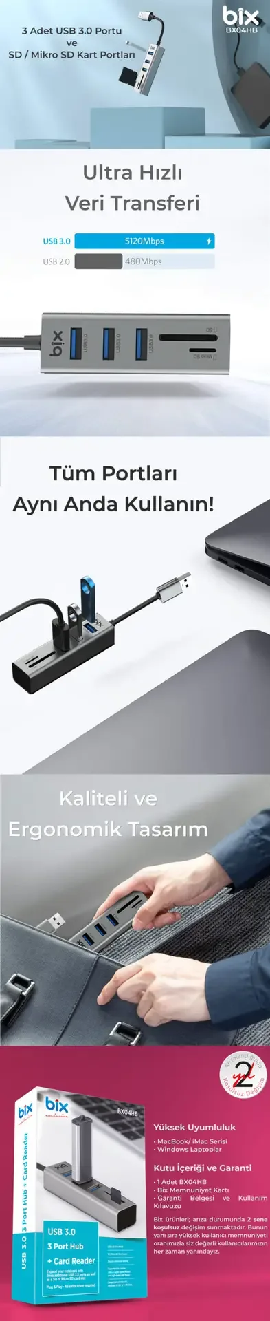 BX04HB USB 3.0 Kart Okuyucu ve 3 Portlu Çoklayıcı Hub