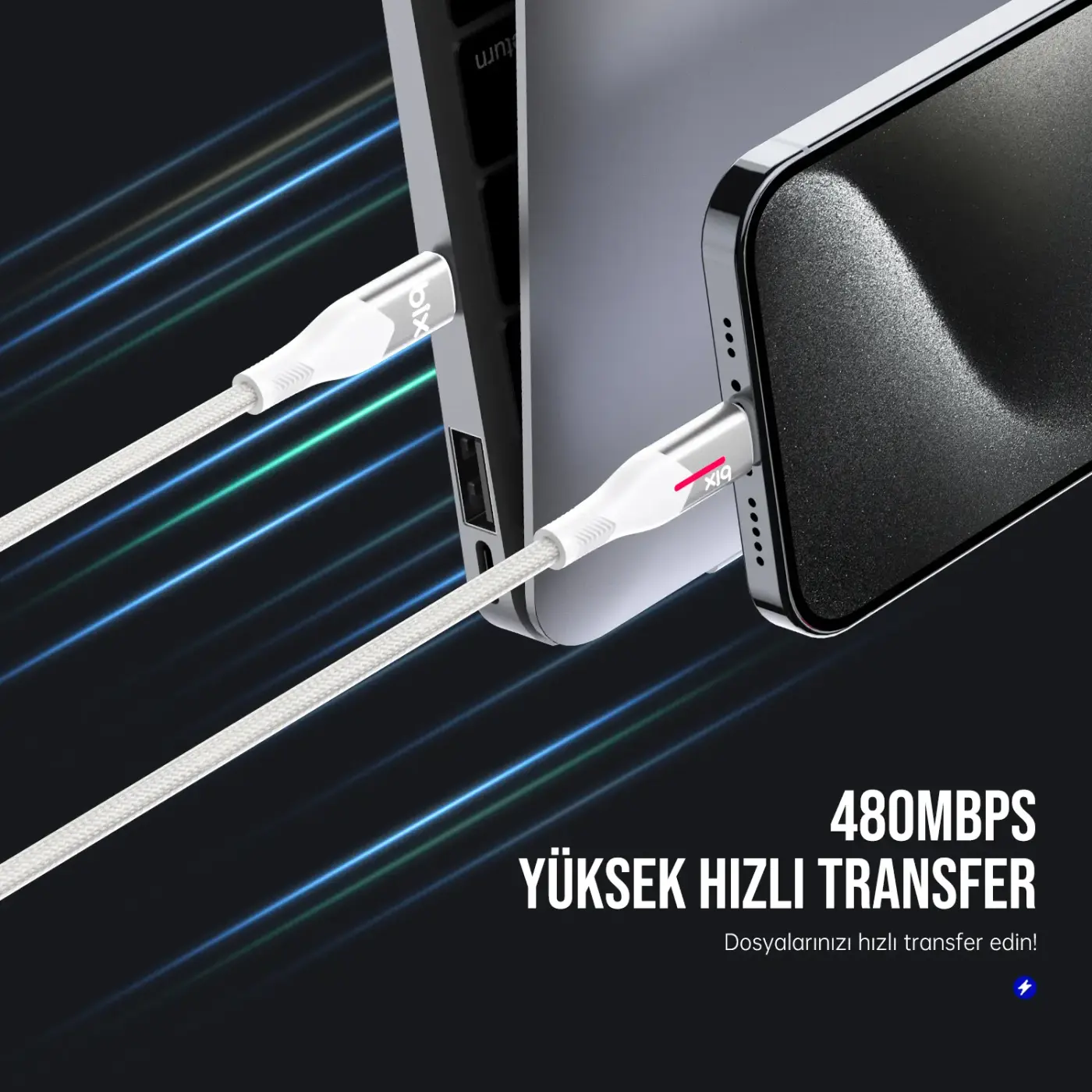 BX05CC Type-C to Type-C 60W Örgülü LED Işıklı Şarj