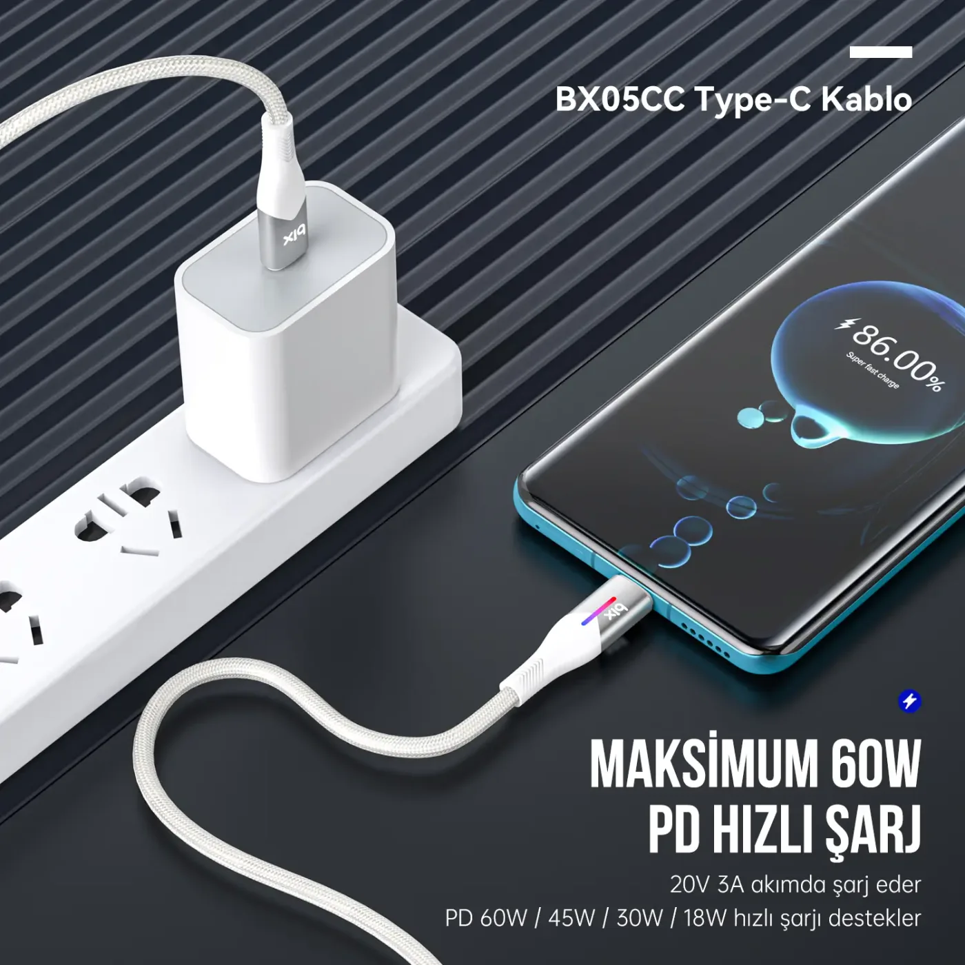 BX05CC Type-C to Type-C 60W Örgülü LED Işıklı Şarj