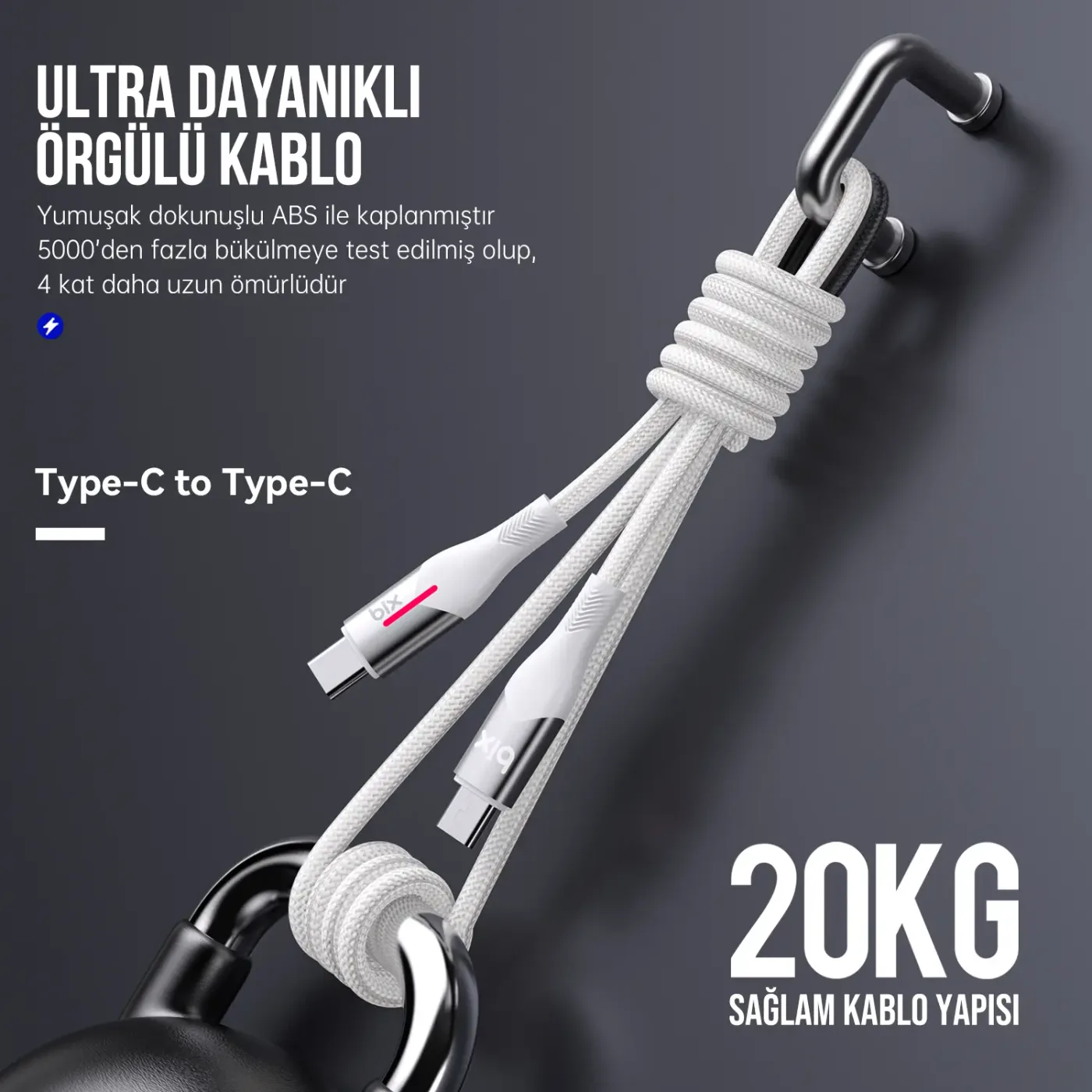 BX05CC Type-C to Type-C 60W Örgülü LED Işıklı Şarj