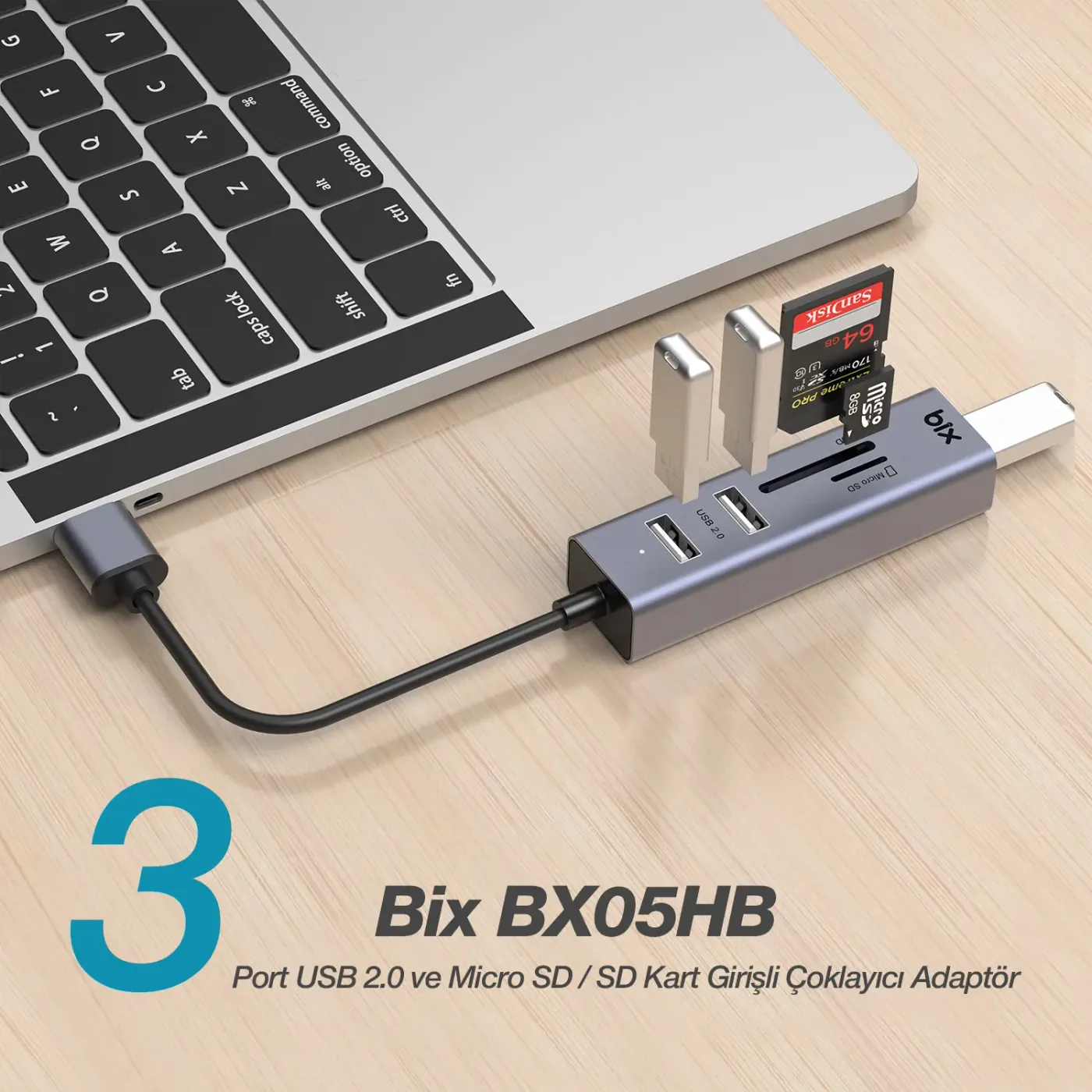 BX05HB 3x USB 2.0 Portlu ve Micro SD / SD Kart Girişli