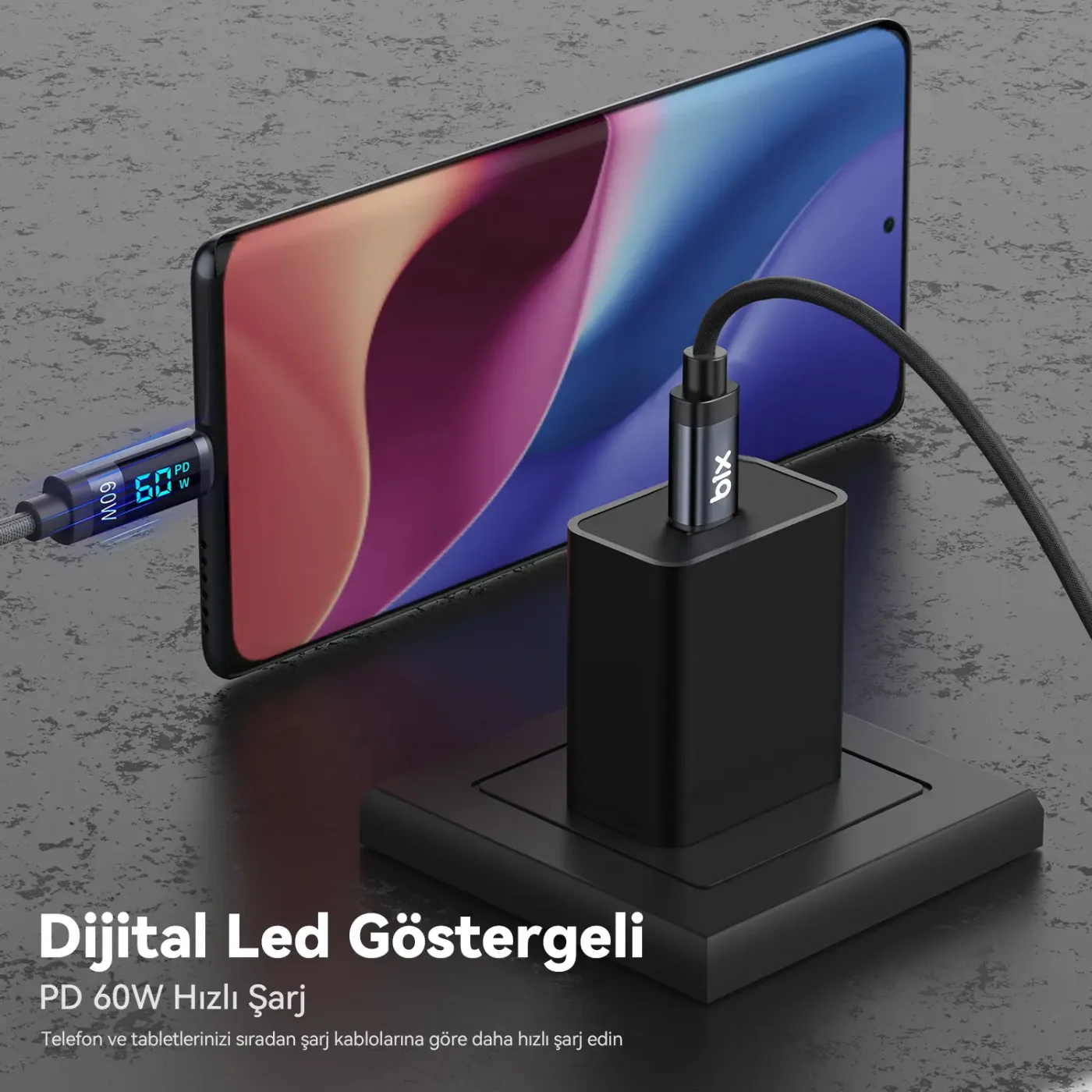 BX06CC Type-C to Type-C 60W Örgülü LED Dijital Ekranlı