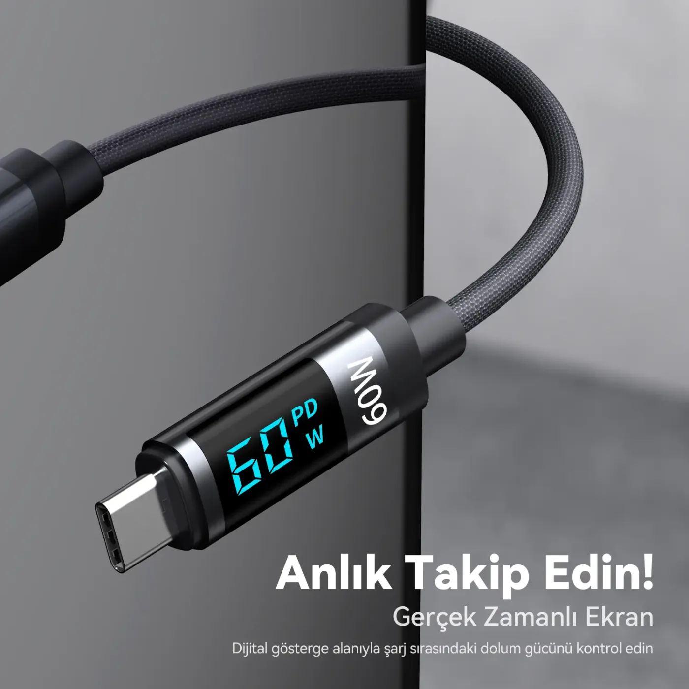 BX06CC Type-C to Type-C 60W Örgülü LED Dijital Ekranlı