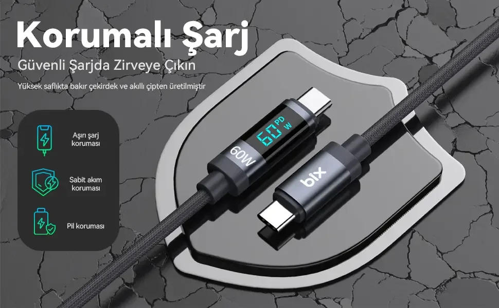 BX06CC Type-C to Type-C 60W Örgülü LED Dijital Ekranlı