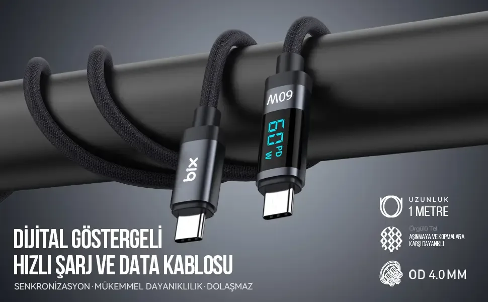 BX06CC Type-C to Type-C 60W Örgülü LED Dijital Ekranlı