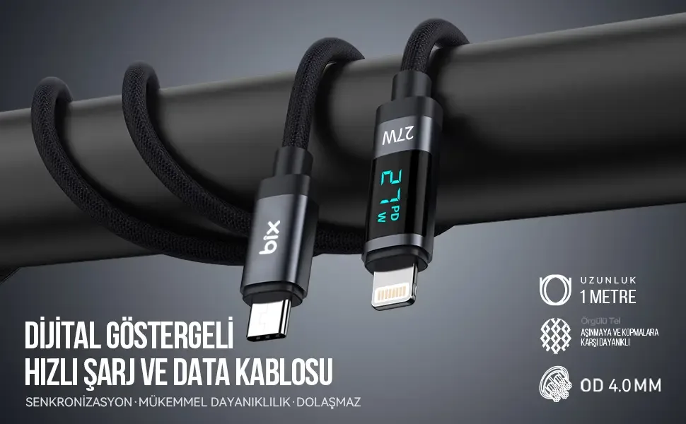 BX06CL Type-C to Lightning iPhone 27W Örgülü LED
