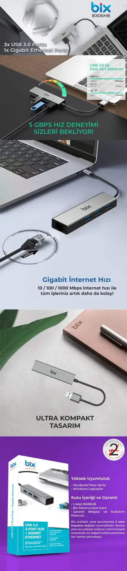 BX06HB USB 3.0 Gigabit Ethernet 3 Portlu Çoklayıcı Hub