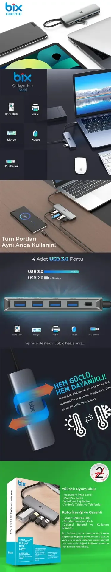BX07HB Type-C PD 4 Portlu USB 3.0 Dönüştürücü Hub