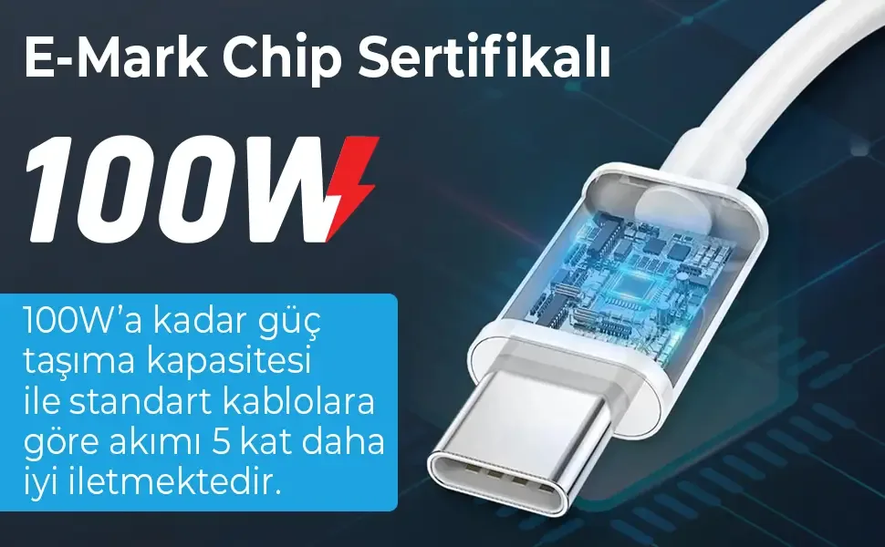 BX08CC 100W 5Gbps E-Mark Çipli Type-C to Type-C PD Şarj