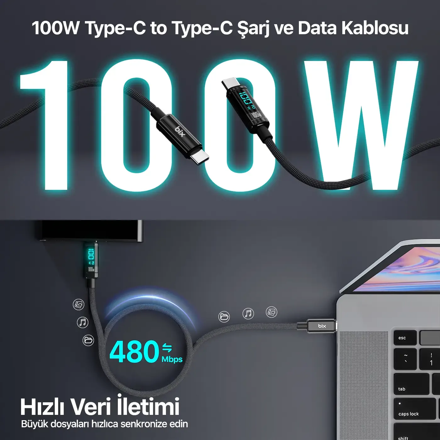 BX09CC Type-C to Type-C 100W 480Mbps E-Marker Çipli LED