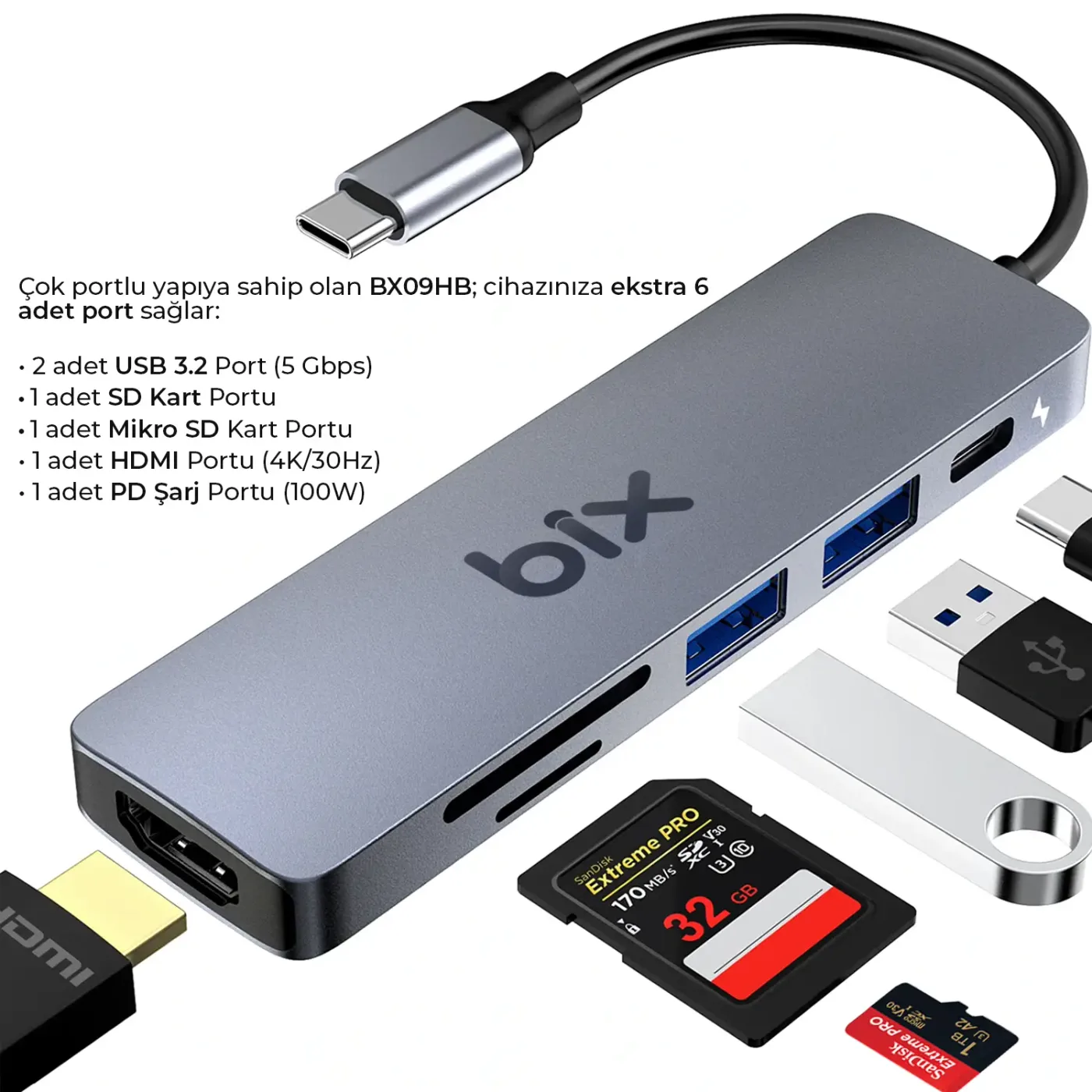 BX09HB Type-C to 2*USB 3.2 4K/30Hz HDMI SD TF Kart