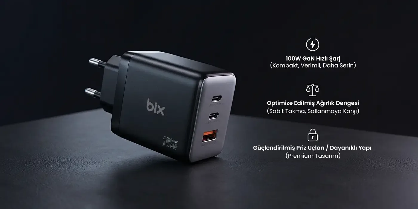 BX3P102G 100W 3 Portlu USB-C + USB-A GaN Şarj Aleti