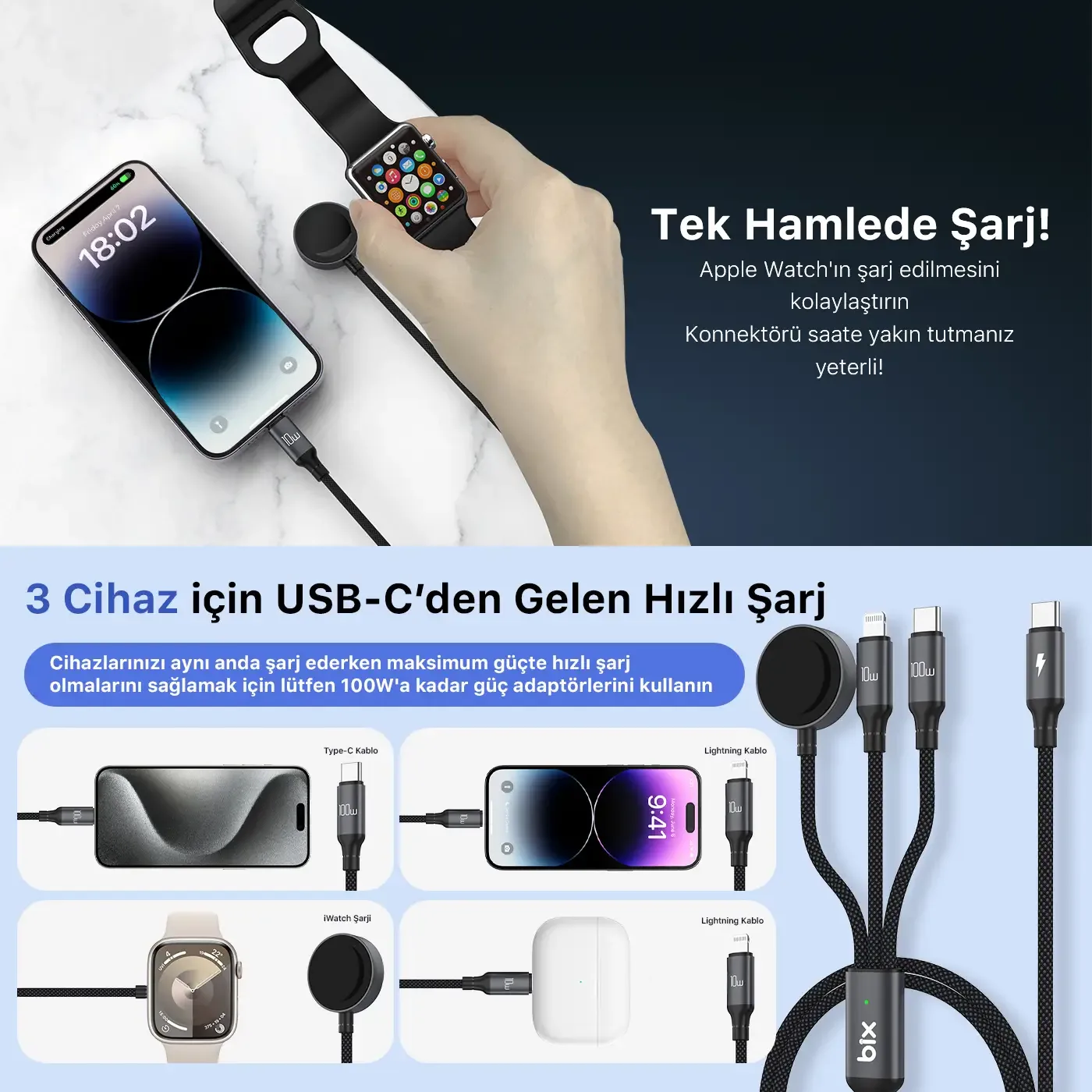 BXA3W1 100W Type-C, Lightning ve Apple Watch için 3’ü 1
