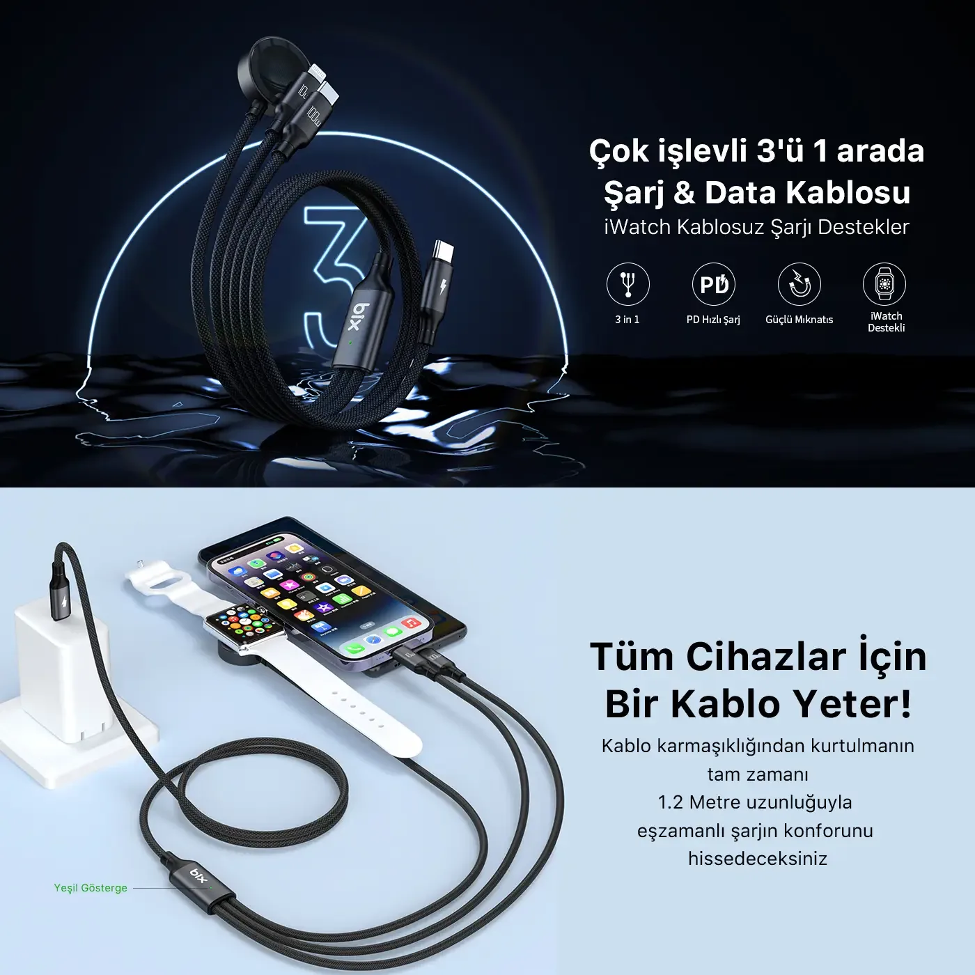 BXA3W1 100W Type-C, Lightning ve Apple Watch için 3’ü 1