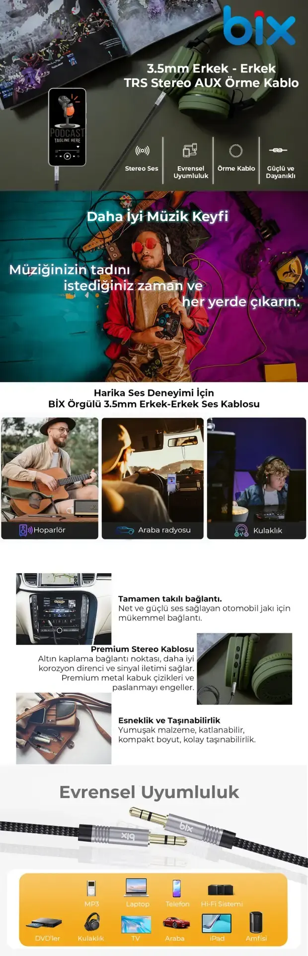 BXAU103 3.5mm Erkek to Erkek Örgülü TRS Stereo Aux Ses