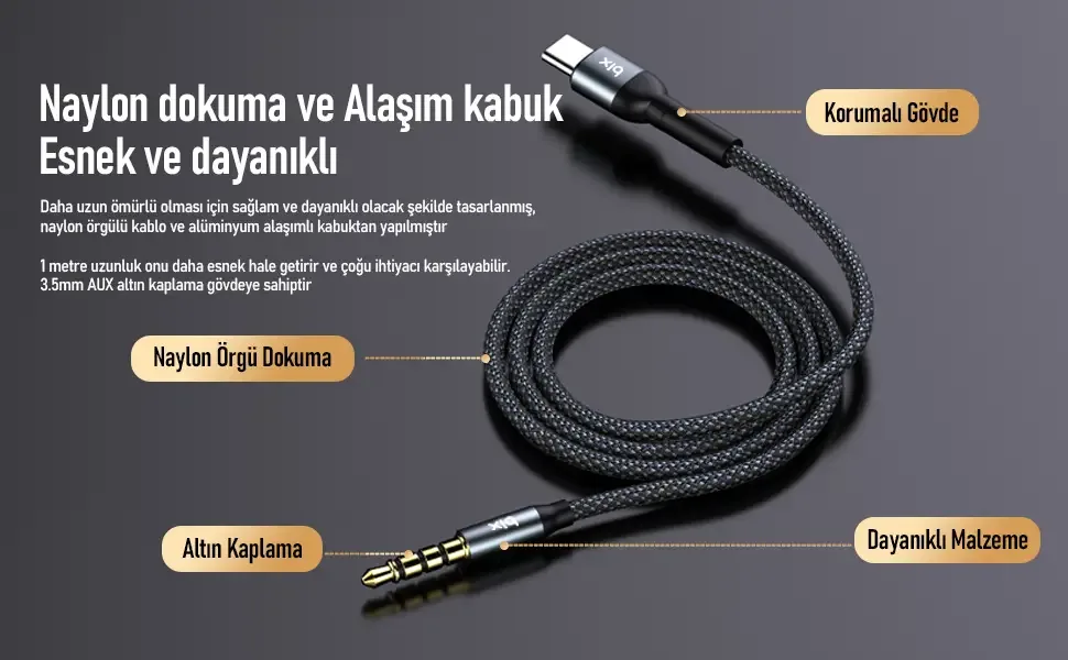 BXAU1C Type-C 3.5mm Aux Hi-Fi Ses Kablosu 1 Metre