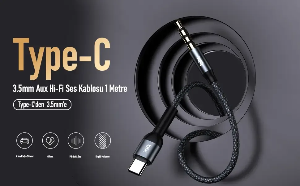 BXAU1C Type-C 3.5mm Aux Hi-Fi Ses Kablosu 1 Metre