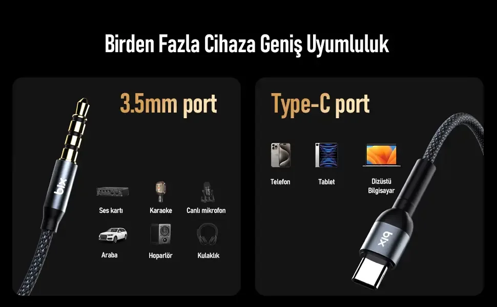 BXAU1C Type-C 3.5mm Aux Hi-Fi Ses Kablosu 1 Metre