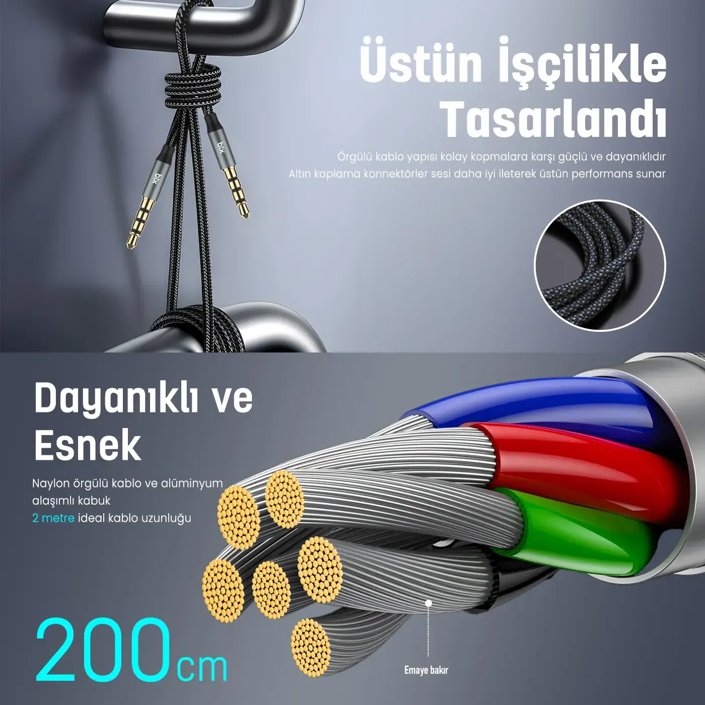 BXAU3C Hi-Fi 3.5mm Erkek to Erkek Örgülü Aux Ses