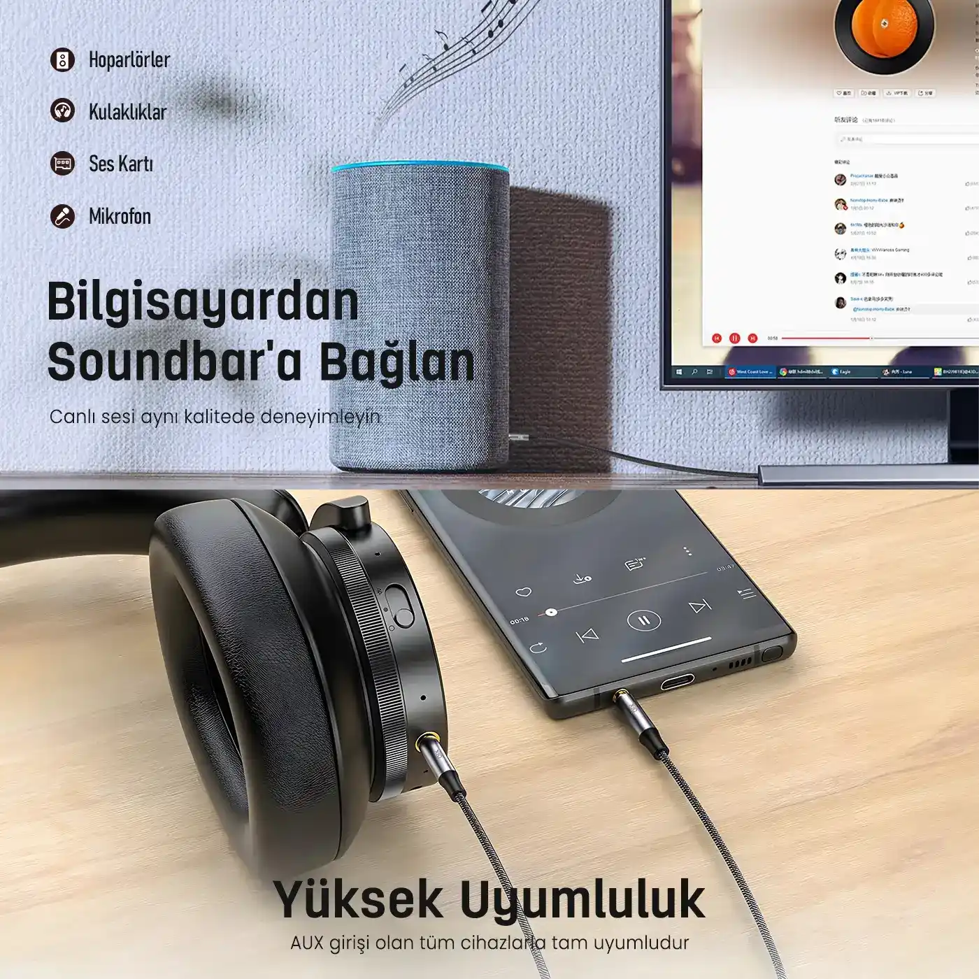 BXAU3C Hi-Fi 3.5mm Erkek to Erkek Örgülü Aux Ses