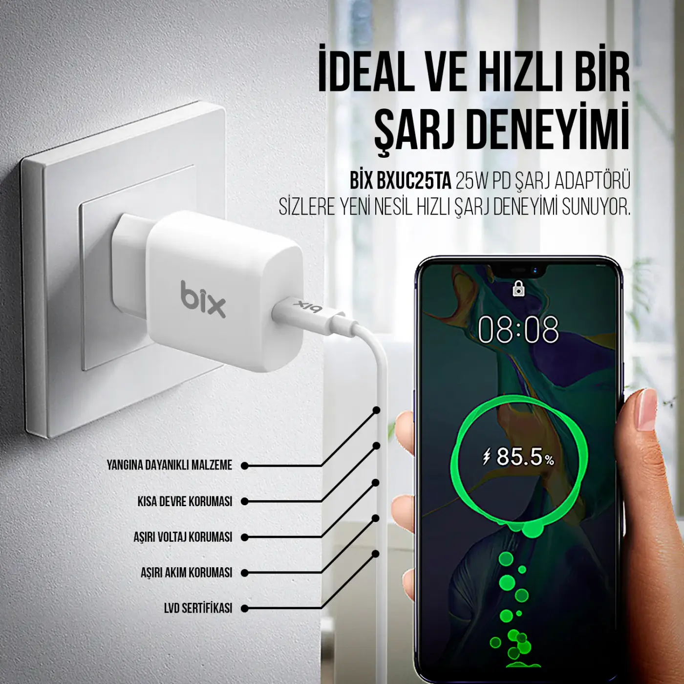 BXC25B 25W Type-C PD Hızlı Şarj Adaptörü + 1 Metre 5A