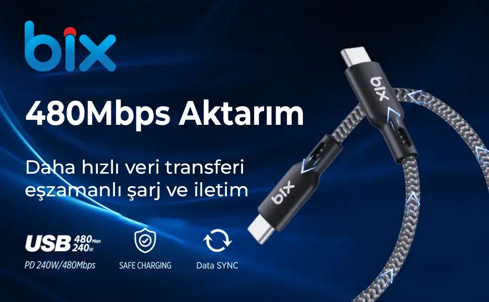 BXCC240 Type-C to Type-C 240W 480Mbps Hi-Speed Örgülü