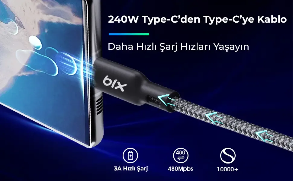BXCC240 Type-C to Type-C 240W 480Mbps Hi-Speed Örgülü
