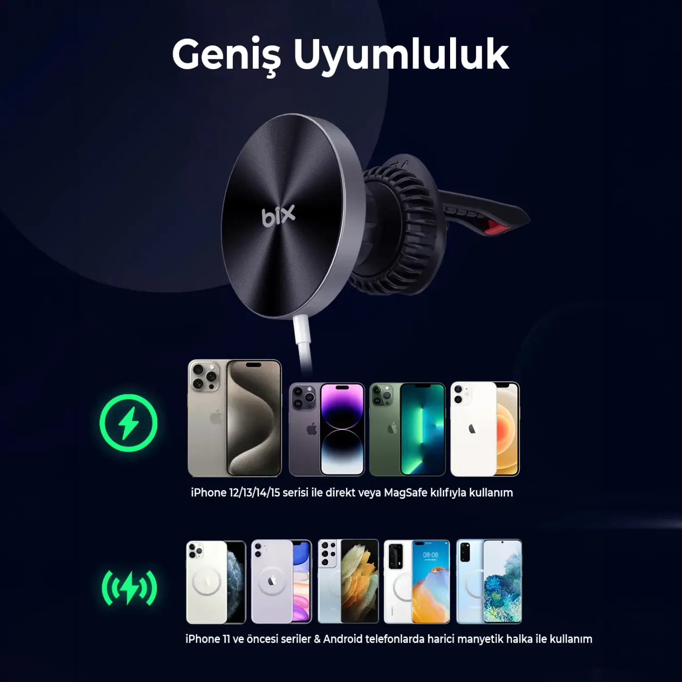 BXCH2 15W MagSafe Uyumlu Kablosuz Şarj ve Manyetik Araç