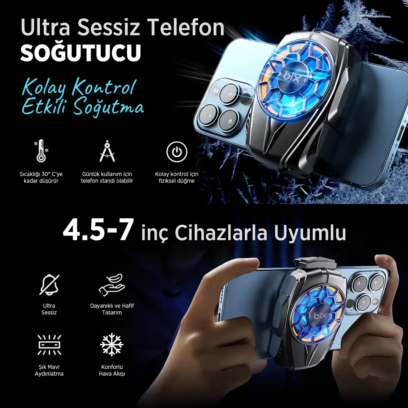 BXCP04G Sessiz ve Güçlü Telefon Soğutucu Fan Bataryalı