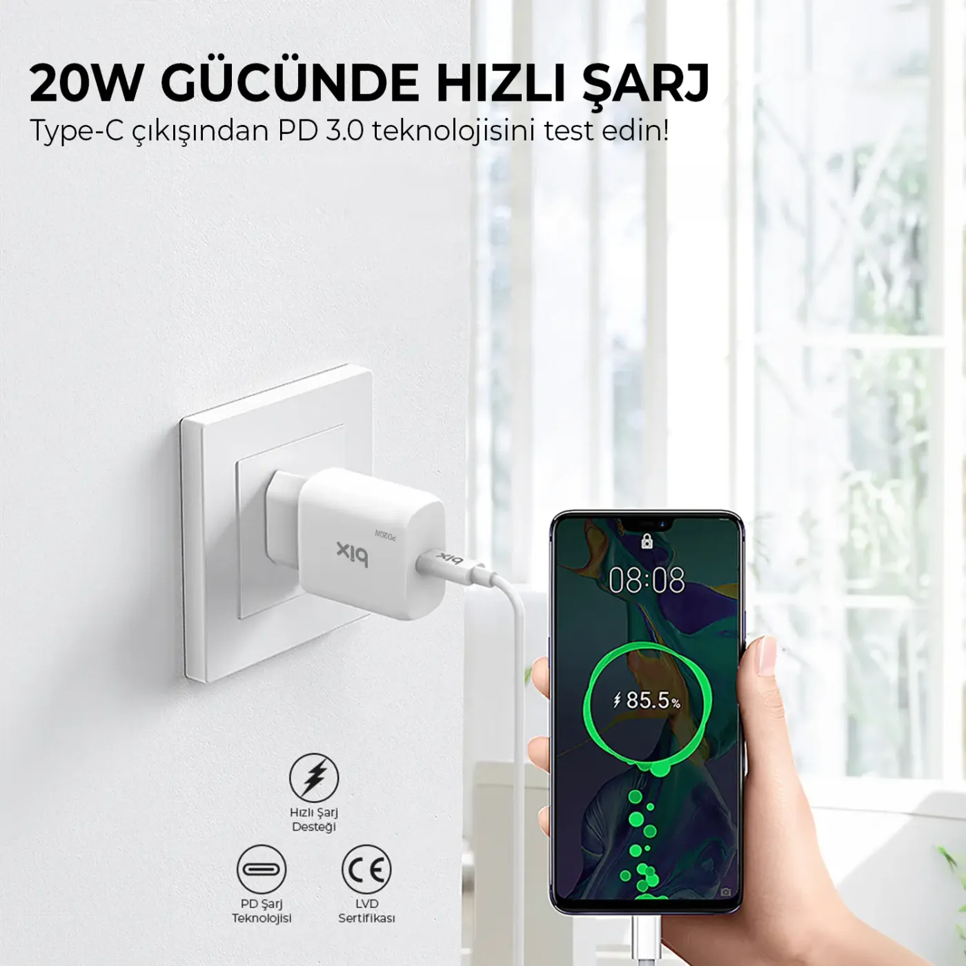 BXL20W 20W PD Hızlı Şarj Adaptörü + 3A USB-C’den